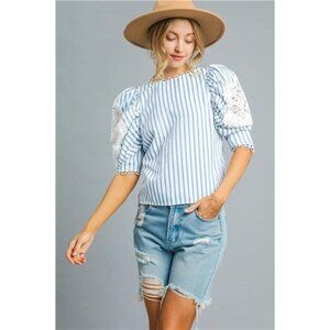 Umgee Striped Lace Puff Sleeve Blouse